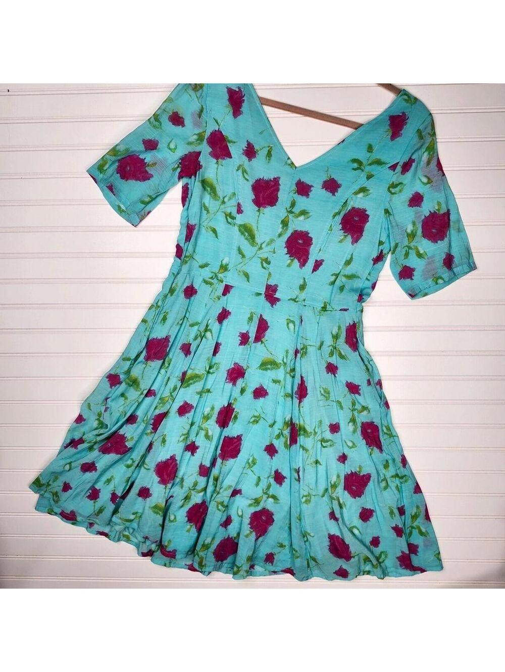 eShakti Women's Aqua Floral V Neck Short Sleeve Dress Large Boutique